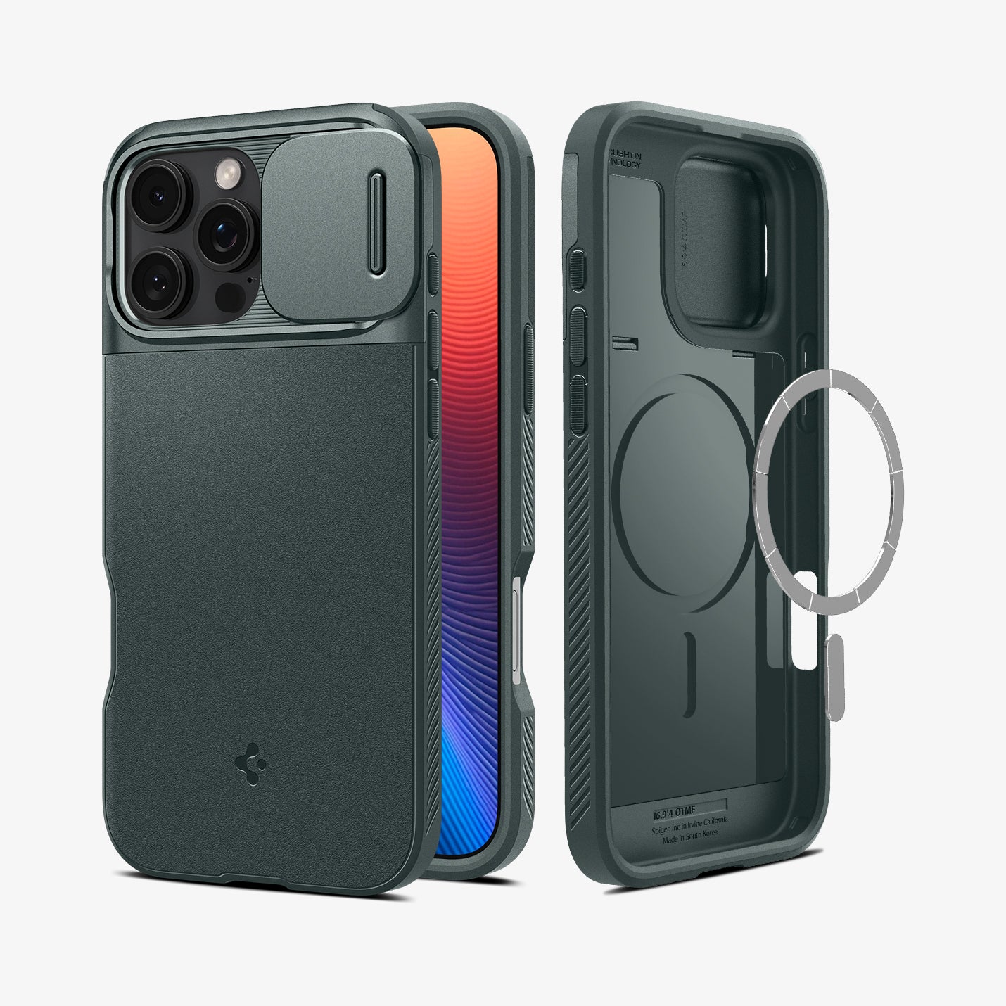 ACS08150 - iPhone 16 Pro Case Optik Armor (MagFit) in Abyss Green showing the back, partial sides, front, inner case with metal ring plate hovering in front