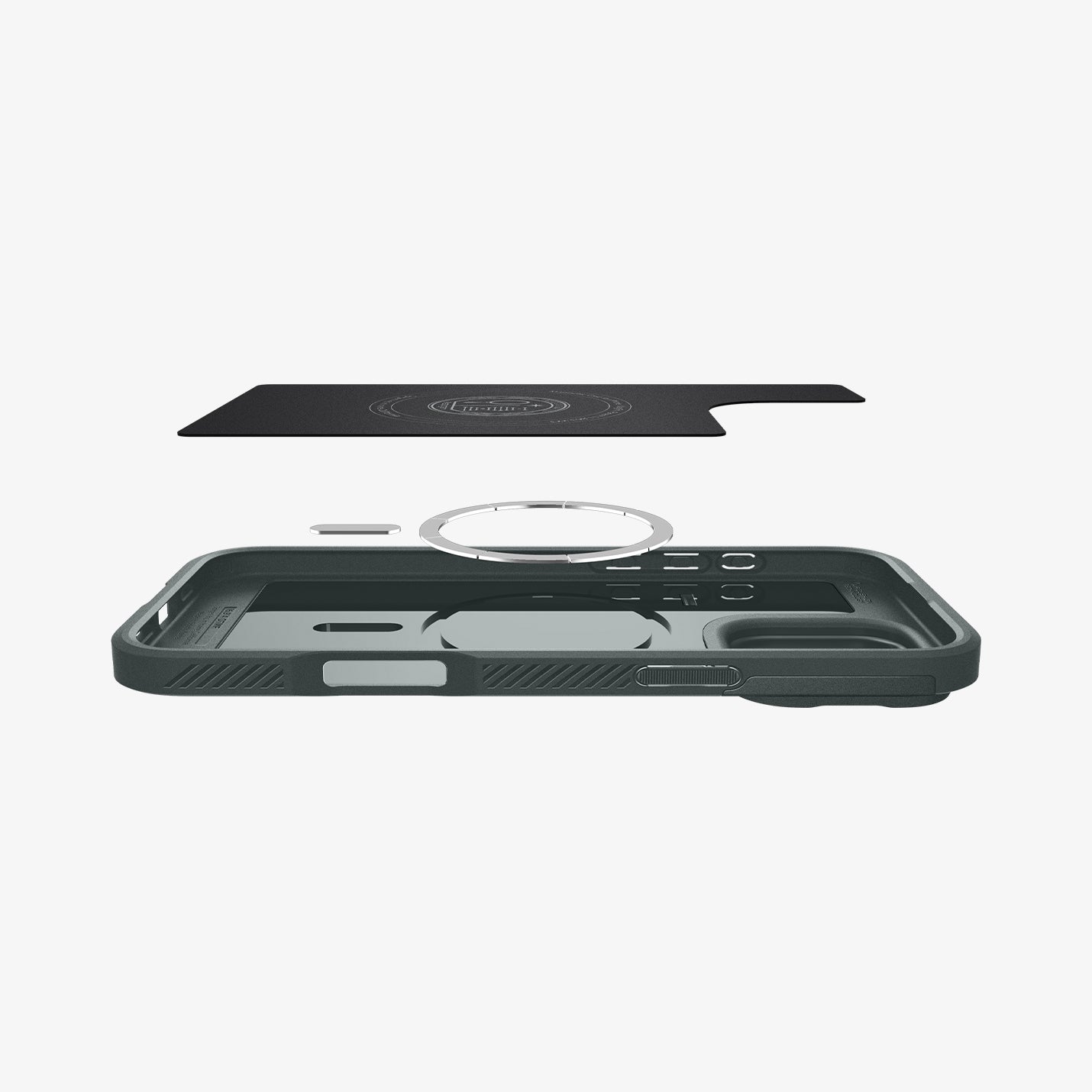 ACS08150 - iPhone 16 Pro Case Optik Armor (MagFit) in Abyss Green showing the soft layer of the inner case hovering above the magnet ring plate and the case