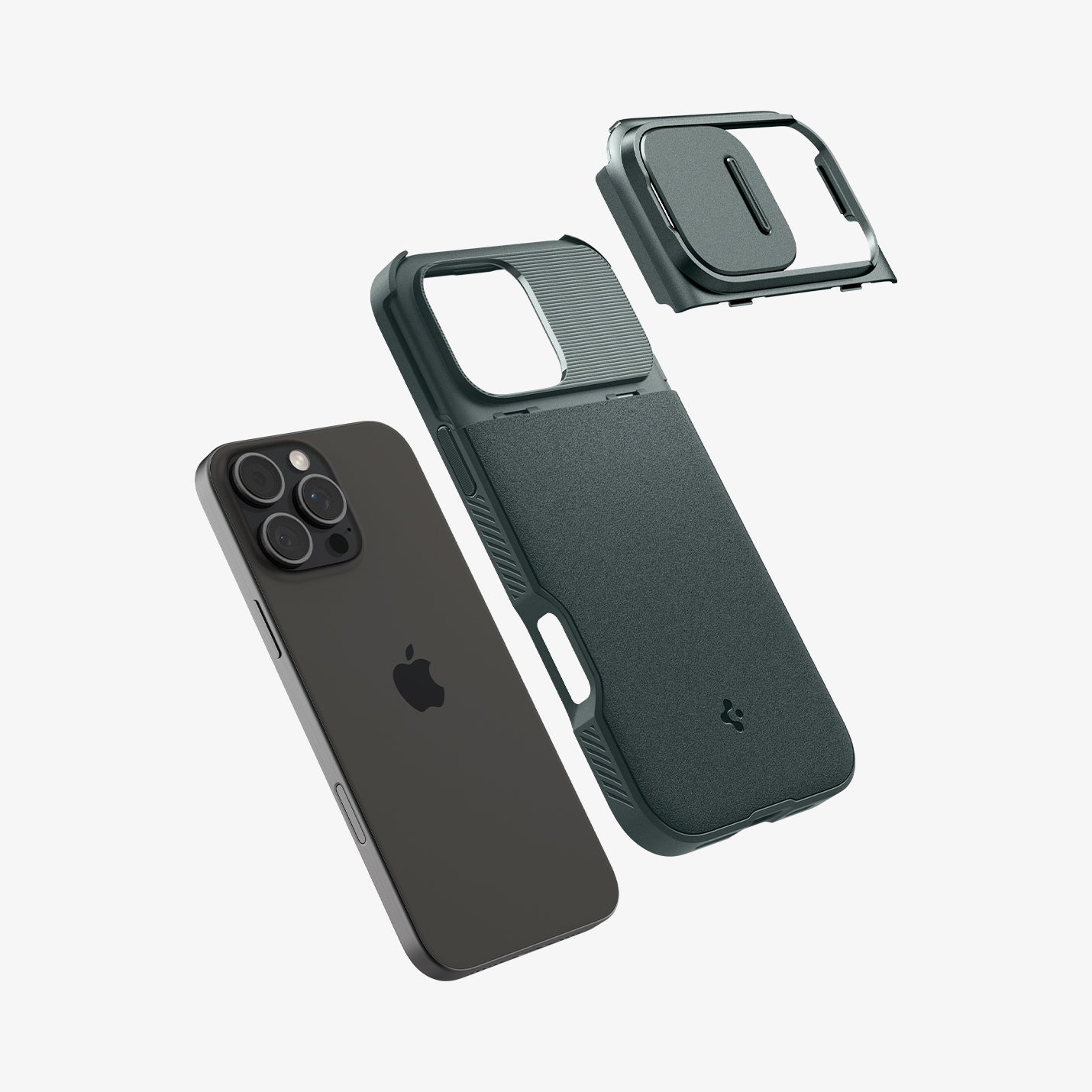 ACS08150 - iPhone 16 Pro Case Optik Armor (MagFit) in Abyss Green showing the optic slider cover hovering above the back of the case and the device