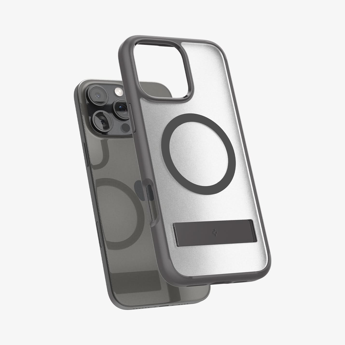 ACS08380 - iPhone 16 Pro Case Ultra Hybrid S (MagFit) in Frost Gray showing the back, hovering in front of a device