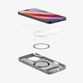 ACS08380 - iPhone 16 Pro Case Ultra Hybrid S (MagFit) in Frost Gray showing the device hovering above detached part of the back cover, magnet ring plate and back cover showing inner side