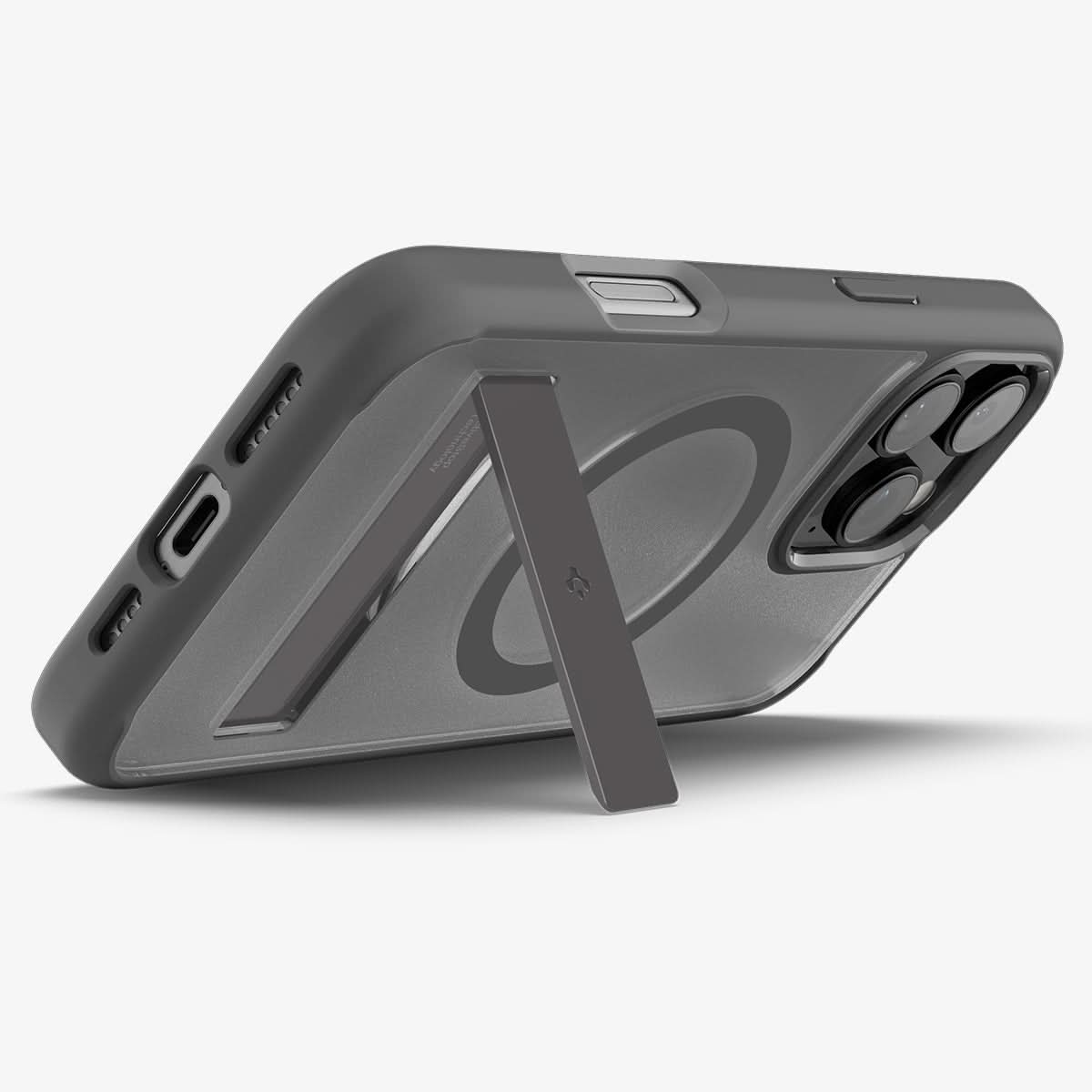 ACS08380 - iPhone 16 Pro Case Ultra Hybrid S (MagFit) in Frost Gray showing the back, partial sides and bottom, propped up with a built-in kickstand