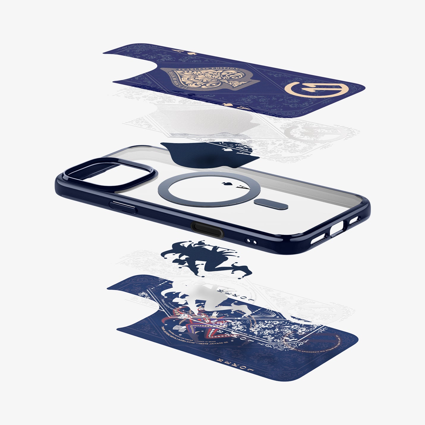 ACS09320 - iPhone 16 Pro Case c11 Series Fearless Edition (MagFit) in Fearless showing the inner layer detached, hovering above parts of the case design, the case and back design