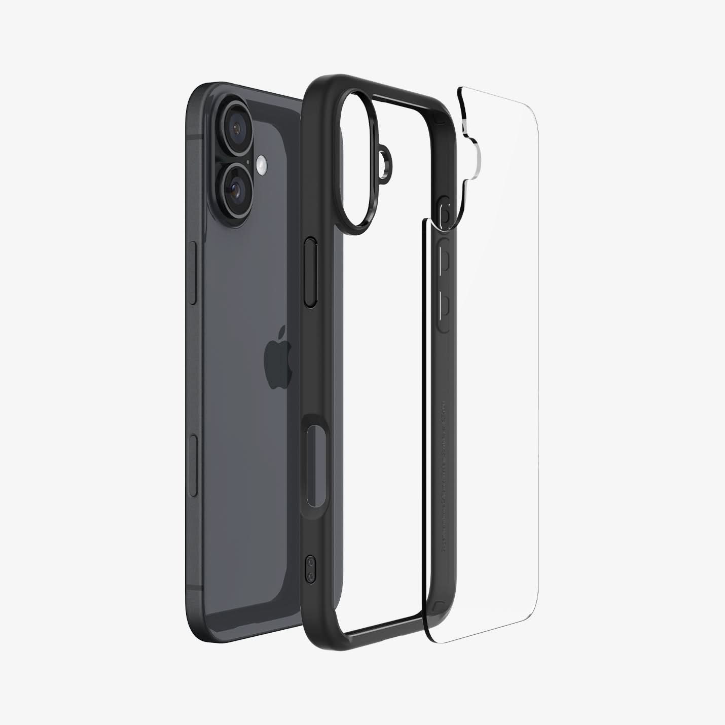ACS08201 - iPhone 16 Case Ultra Hybrid in Matte Black showing the
back, detached from the frame of the case aligned with the device