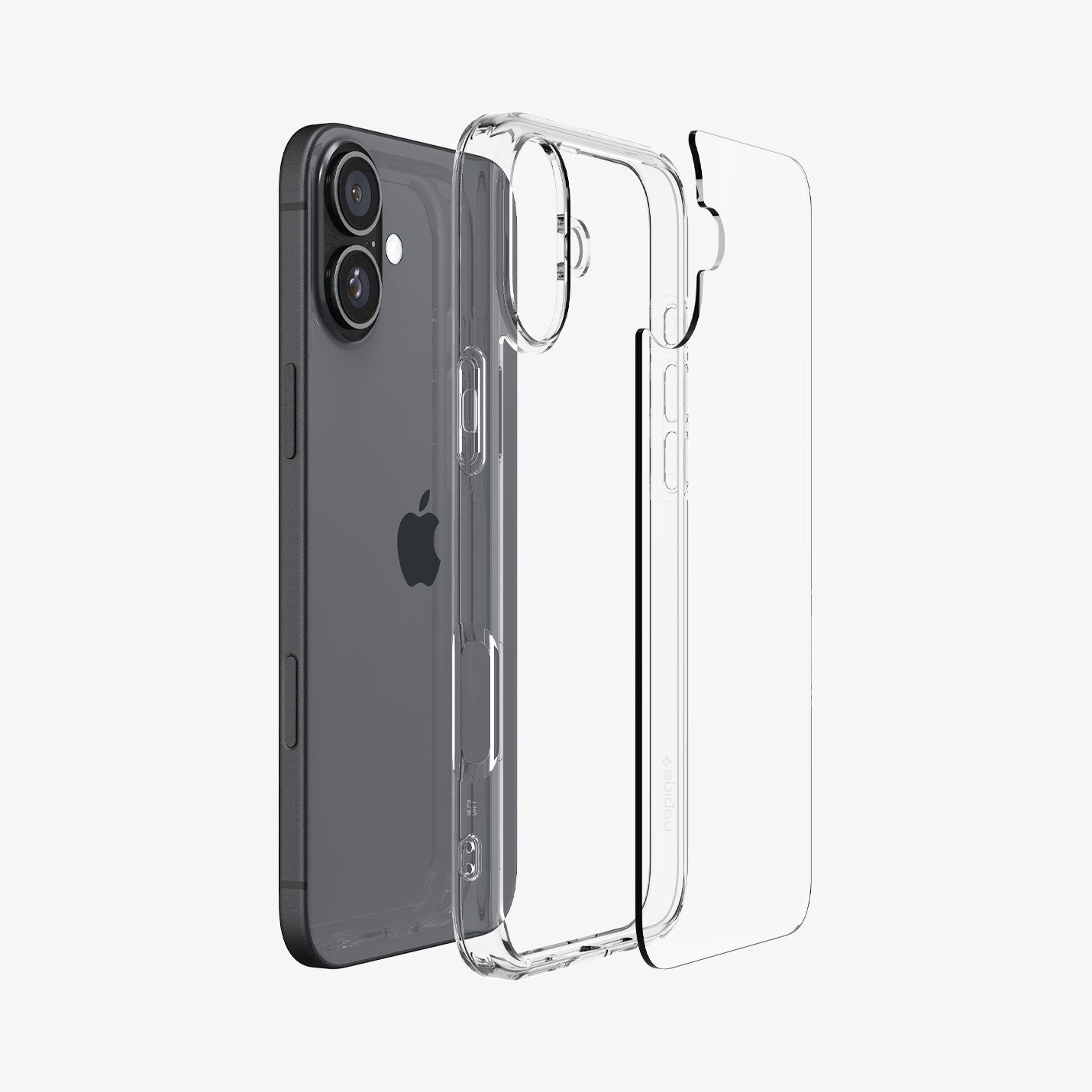 ACS08069 - iPhone 16 Plus Case Ultra Hybrid in Crystal Clear showing the back, detached from the frame of the case aligned with the device
