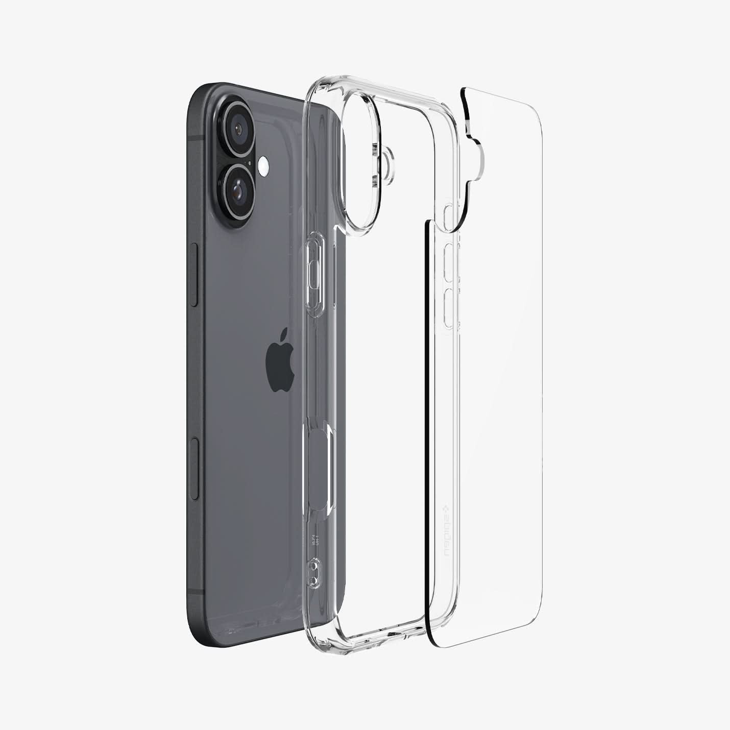 ACS08197 - iPhone 16 Case Ultra Hybrid in Crystal Clear showing the back, detached from the frame of the case aligned with the device