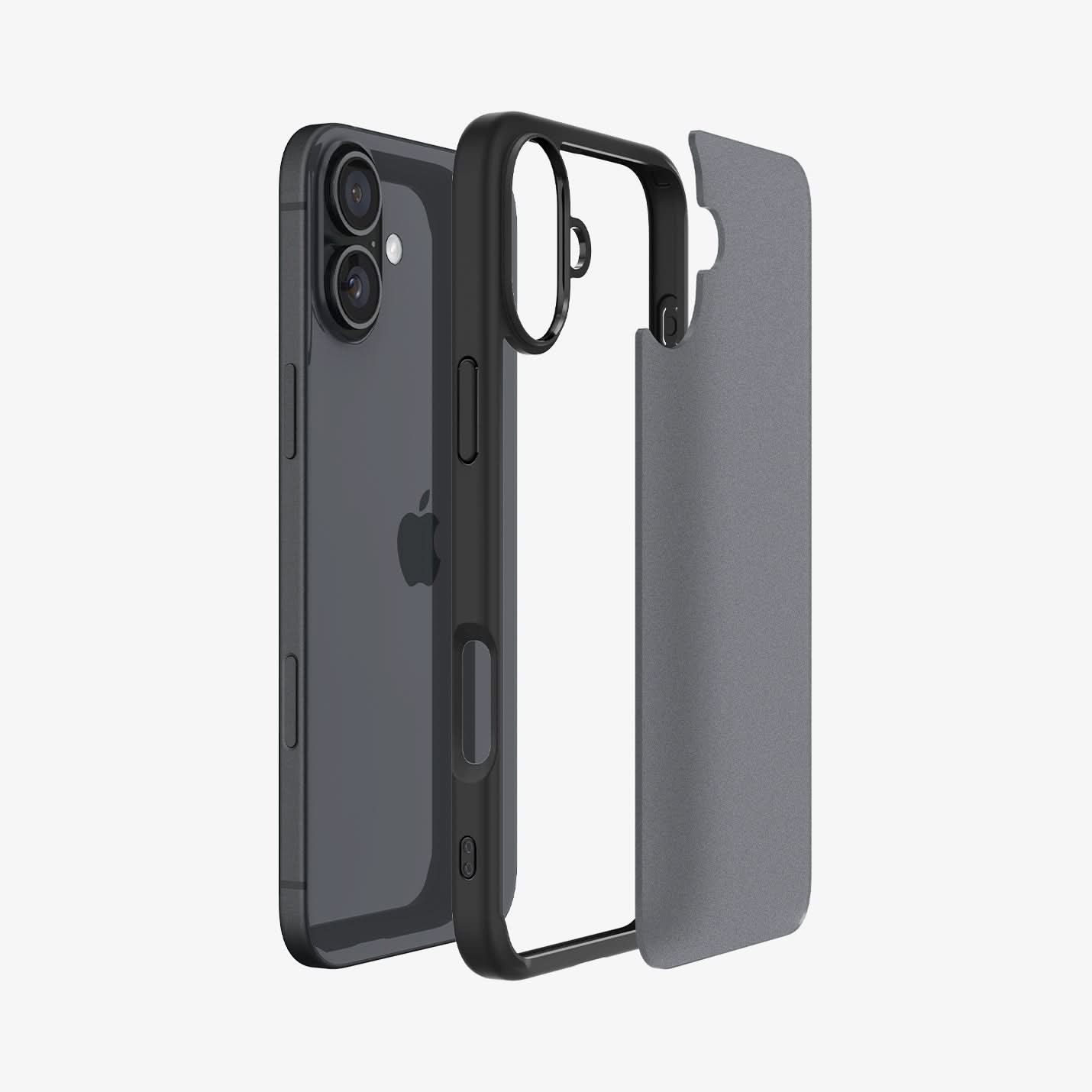 ACS08200 - iPhone 16 Case Ultra Hybrid in Frost Black showing the back, detached from the frame of the case aligned with the device