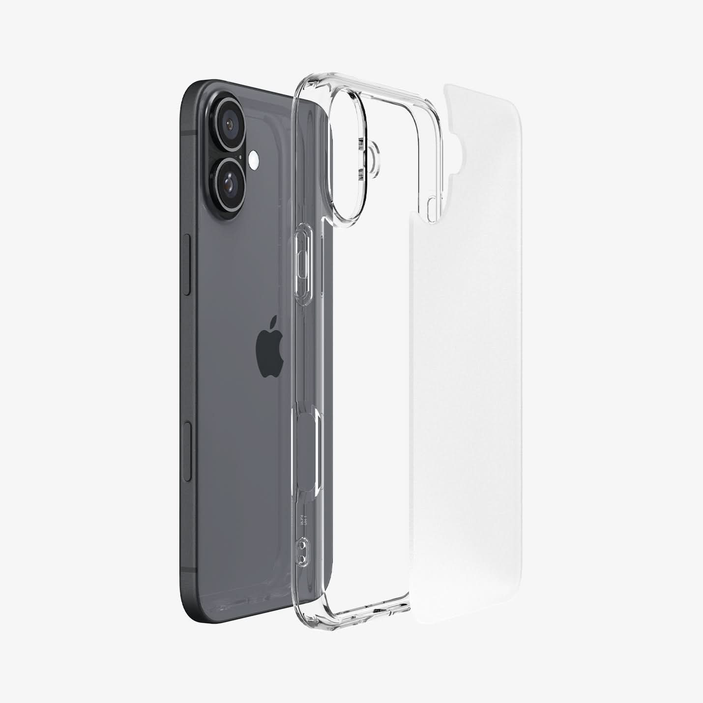 ACS08070 - iPhone 16 Plus Case Ultra Hybrid in Frost Clear showing the back, detached from the frame of the case aligned with the device