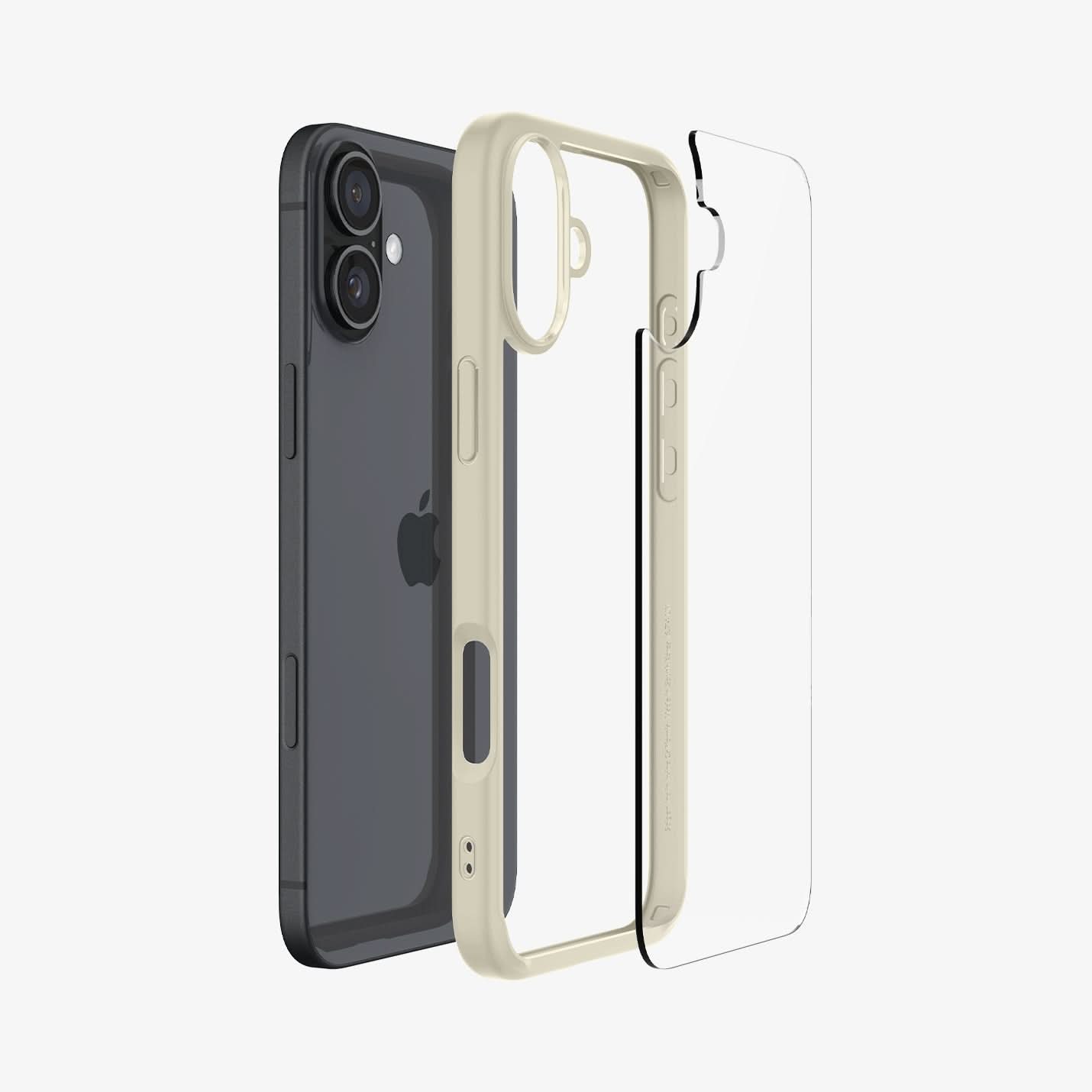 ACS08073 - iPhone 16 Plus Case Ultra Hybrid in Mute Beige showing the back, detached from the frame of the case aligned with the device