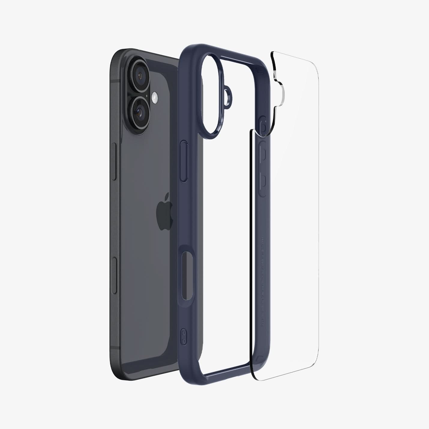 ACS08202 - iPhone 16 Case Ultra Hybrid in Navy Blue showing the back, detached from the frame of the case aligned with the device