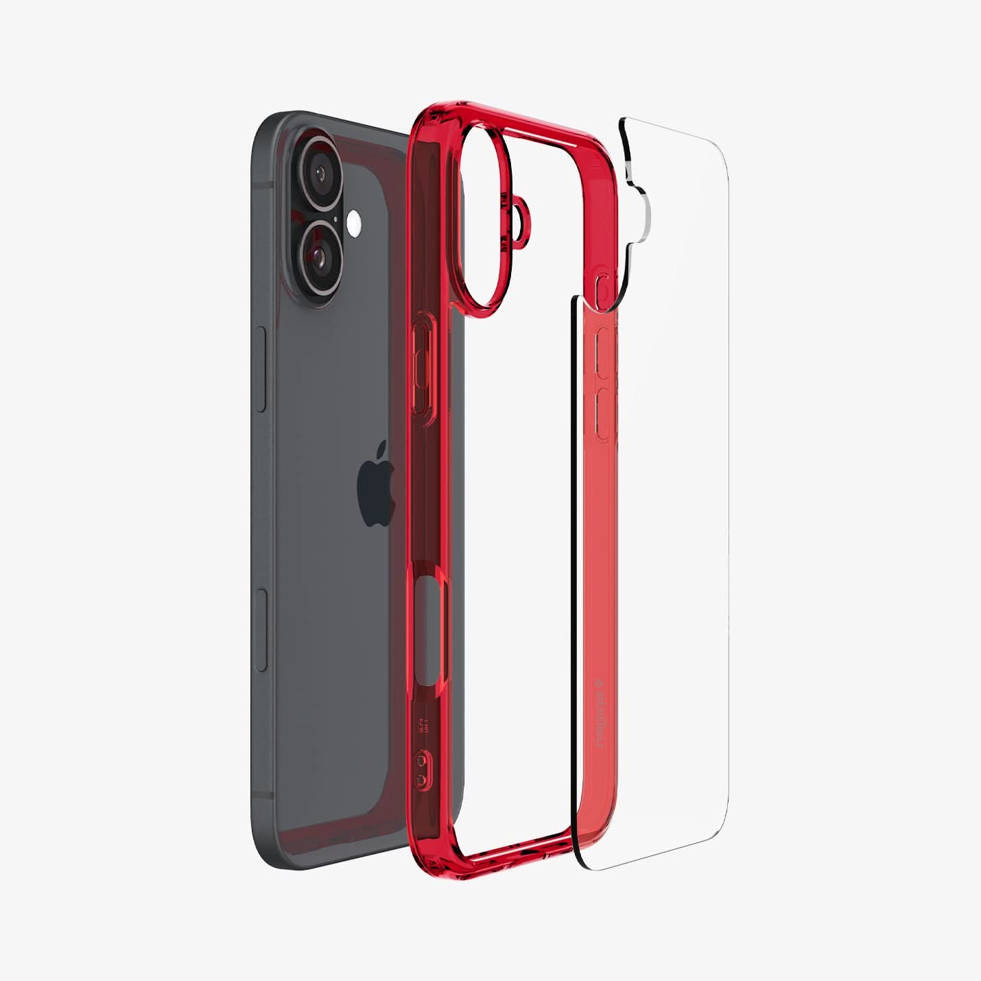 ACS08203 - iPhone 16 Case Ultra Hybrid in Red Crystal showing the back, detached from the frame of the case aligned with the device
