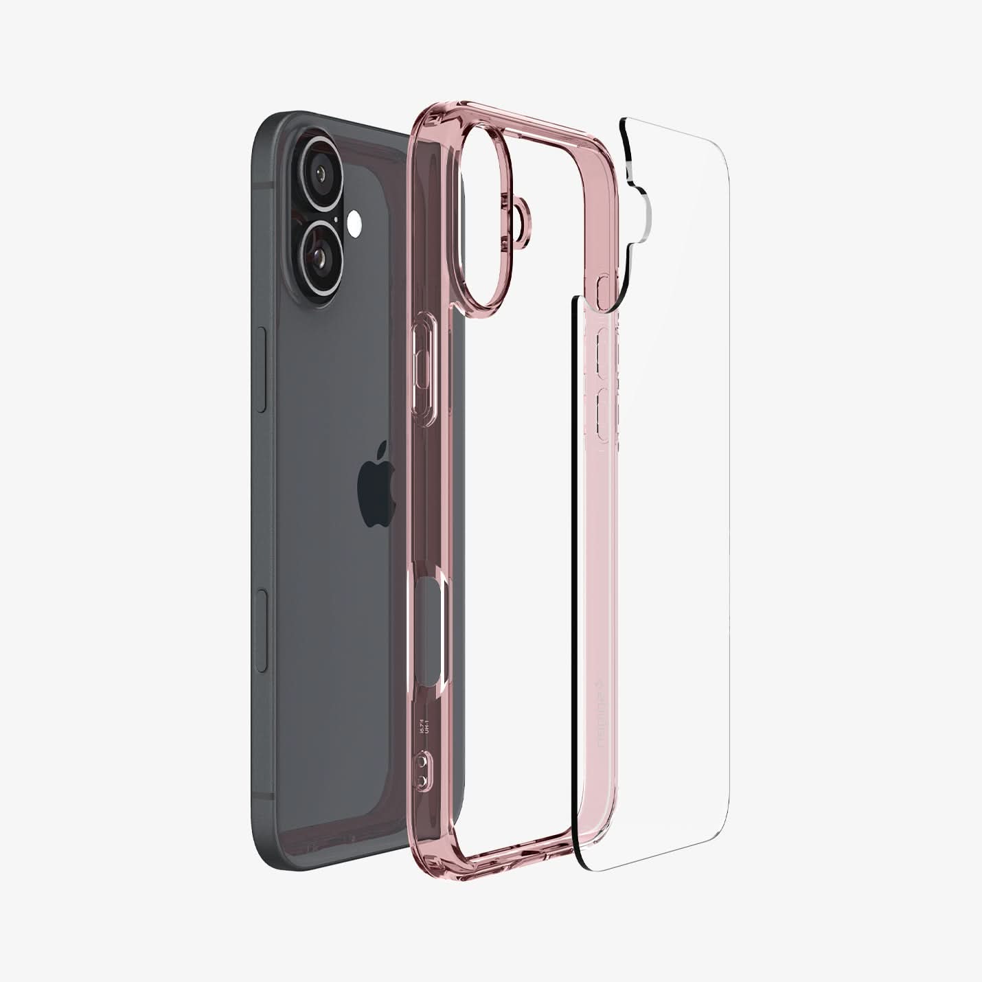 ACS08198 - iPhone 16 Case Ultra Hybrid in Rose Crystal showing the back, detached from the frame of the case aligned with the device