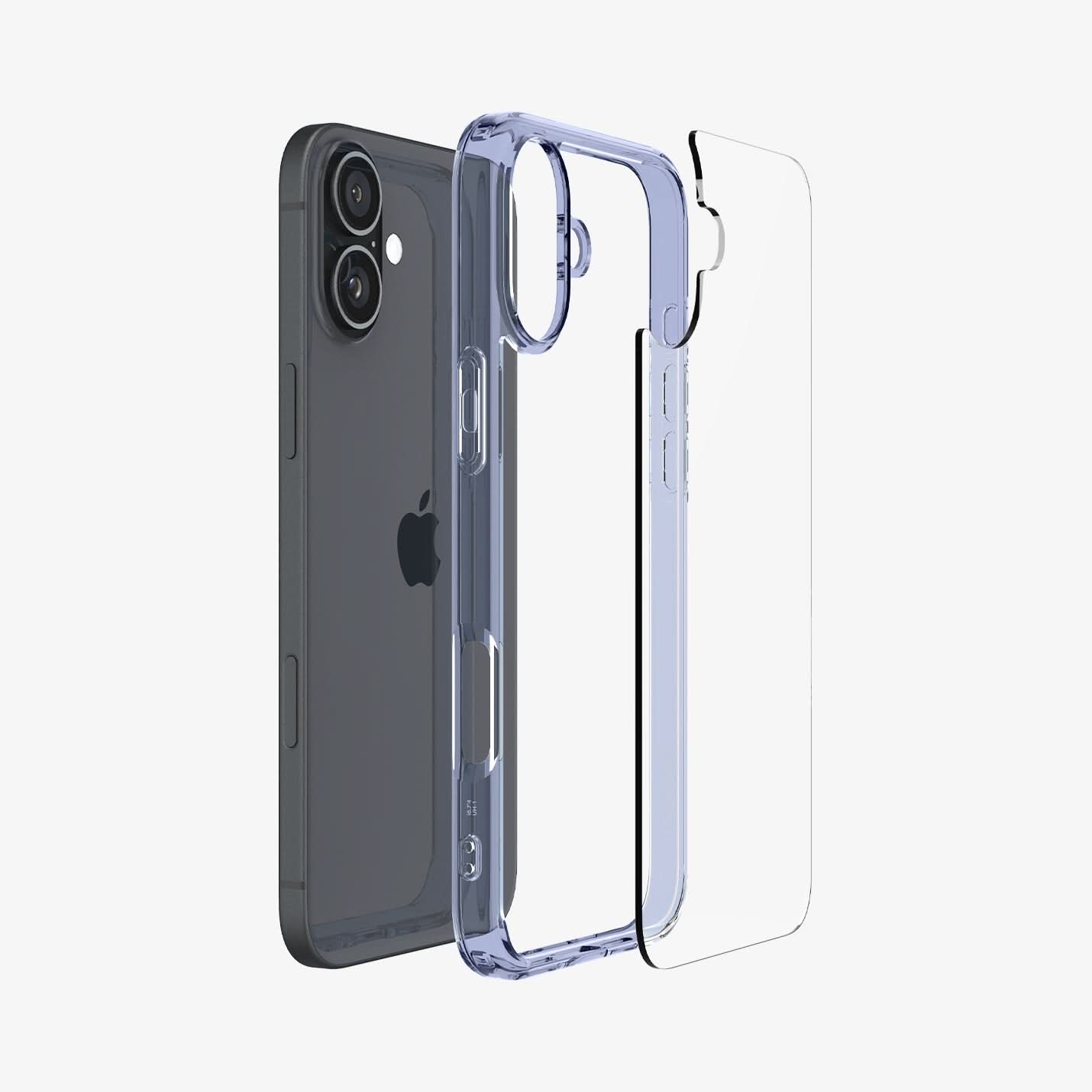ACS08074 - iPhone 16 Plus Case Ultra Hybrid in Sky Crystal showing the back, detached from the frame of the case aligned with the device