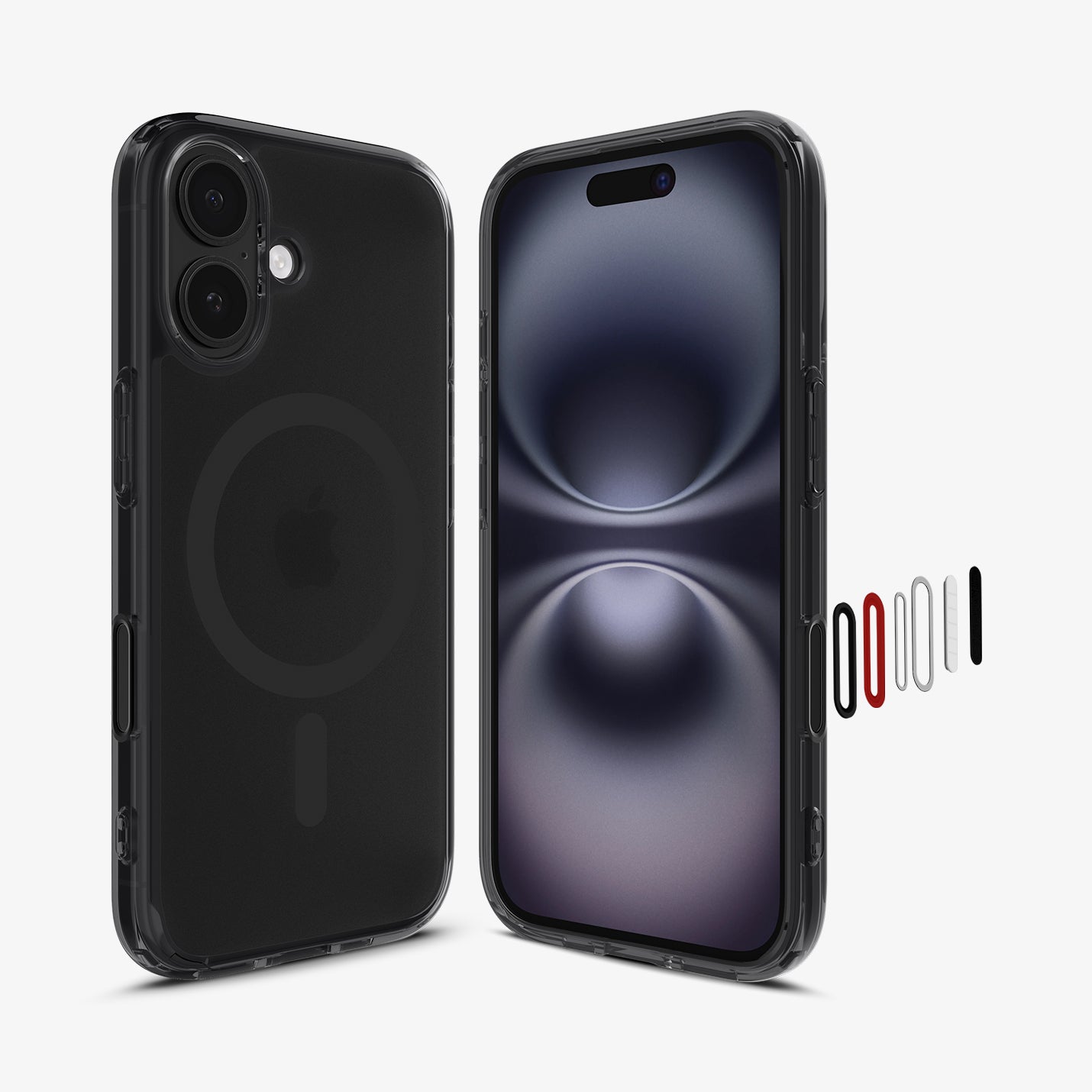 ACS09074 - iPhone 16 Case Ultra Hybrid T (MagFit + Camera Control) in Frost Black showing the back, front and sides with parts of the button detached