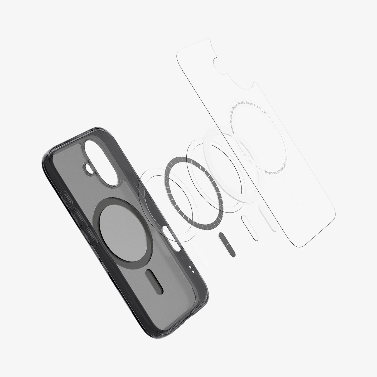 ACS09074 - iPhone 16 Case Ultra Hybrid T (MagFit + Camera Control) in Frost Black showing the inner glass hovering above the magnet ring plate and case