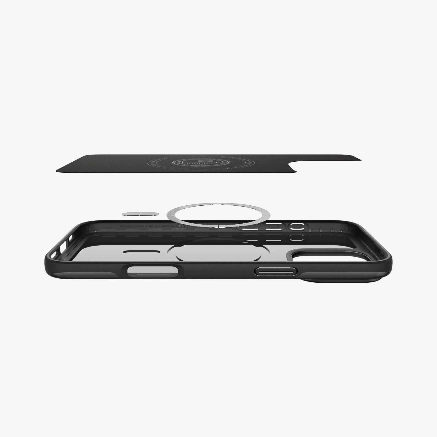 ACS08106 - iPhone 16 Pro Case Thin Fit (MagFit) in Black showing the inner layer hovering above the detached magnet ring plate and the case