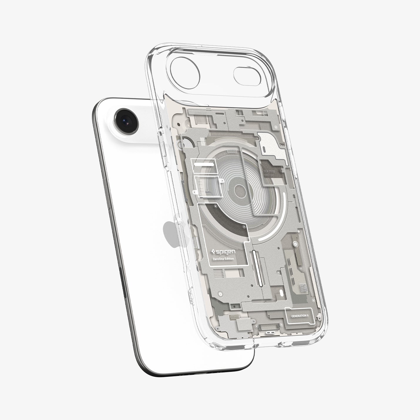 ACS10057 - iPhone 17 Air Ultra Hybrid Zero One (MagFit) in Zero One Natural Titanium showing the front of layer hovering above the magfit magnet plate and the case