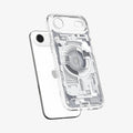 ACS10056 - iPhone 17 Air Ultra Hybrid Zero One (MagFit) in Zero One White showing the front of layer hovering above the magfit magnet plate and the case