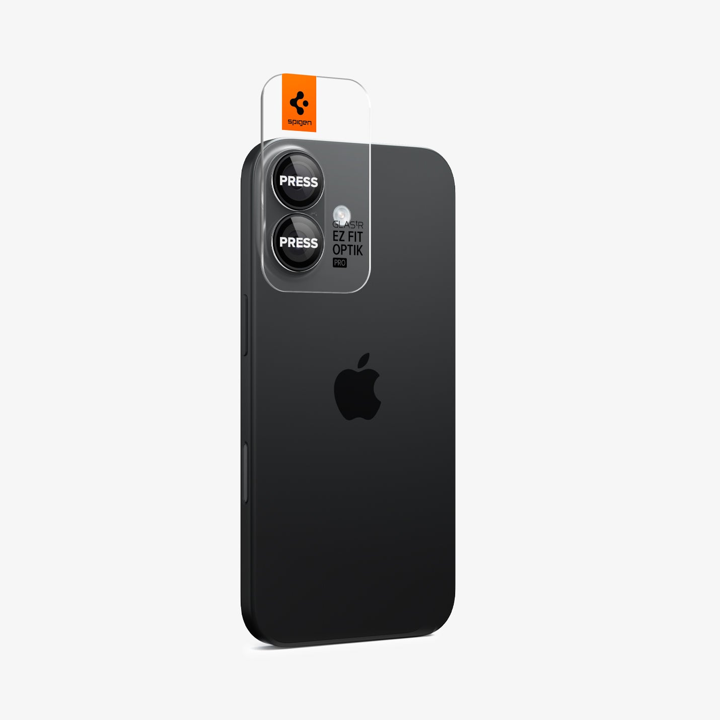 AGL07921 - iPhone 17 Optik Pro EZ Fit Lens Protector in black showing the back and side with ez fit tray installed onto device