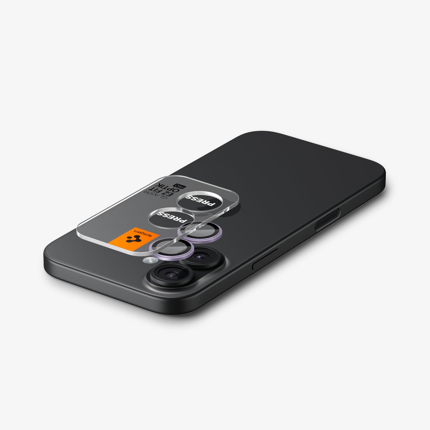 AGL10127 - iPhone 17 Optik Pro EZ Fit Lens Protector in purple showing the ez fit tray hovering above the device