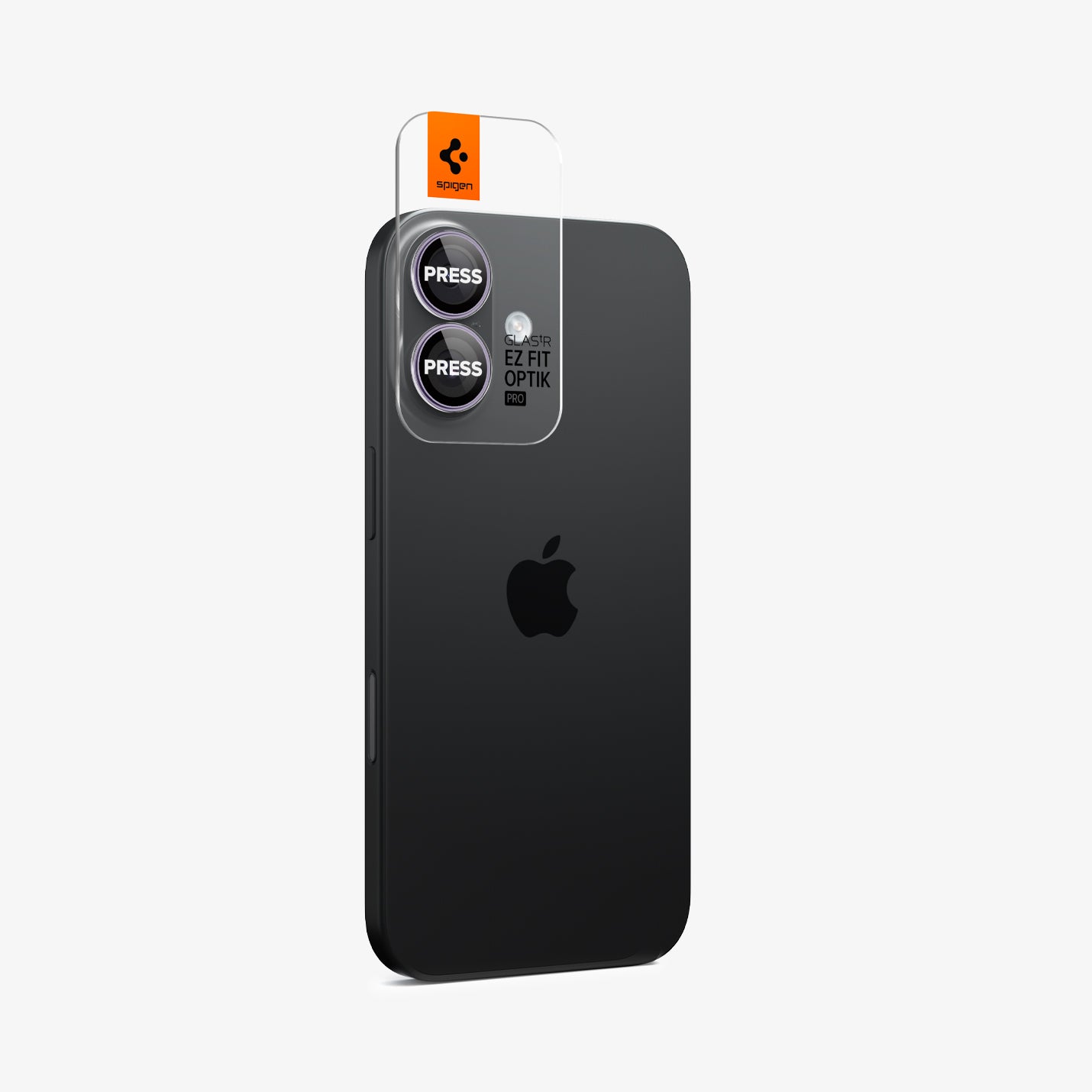 AGL10127 - iPhone 17 Optik Pro EZ Fit Lens Protector in purple showing the back and side with ez fit tray installed on device