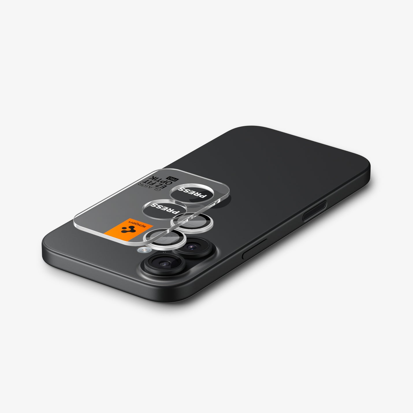 AGL10126 - iPhone 17 Optik Pro EZ Fit Lens Protector in silver showing the ez fit tray hovering above the device