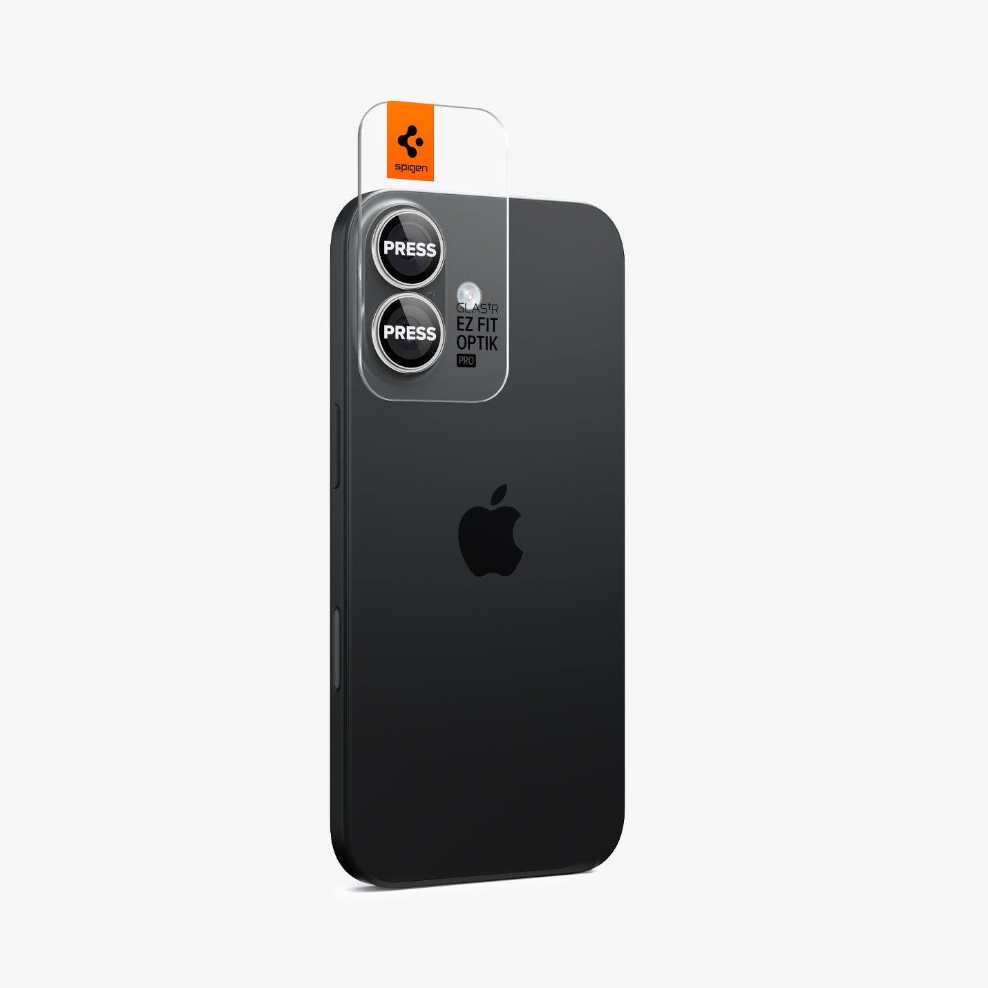 AGL10126 - iPhone 17 Optik Pro EZ Fit Lens Protector in silver showing the back and side with ez fit tray installed on device