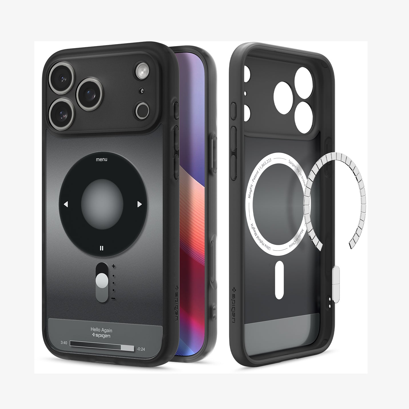 ACS10076 - iPhone 17 Pro Case Ultra Hybrid Classic (MagFit) in Classic Black showing the back, partial front, and inner while detached magnet is hovering in front of the case