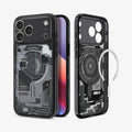 ACS10073 - iPhone 17 Pro Case Ultra Hybrid Zero One (MagFit) in Zero One Black showing the back, partial front, and inner while detached magnet is hovering in front of the case
