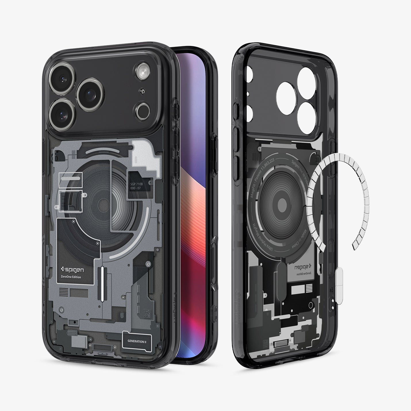 ACS10073 - iPhone 17 Pro Case Ultra Hybrid Zero One (MagFit) in Zero One Black showing the back, partial front, and inner while detached magnet is hovering in front of the case