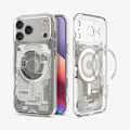 ACS10041 - iPhone 17 Pro Max Case Ultra Hybrid Zero One (MagFit) in Zero One Natural Titanium showing the back, partial front, and inner while detached magnet is hovering in front of the case