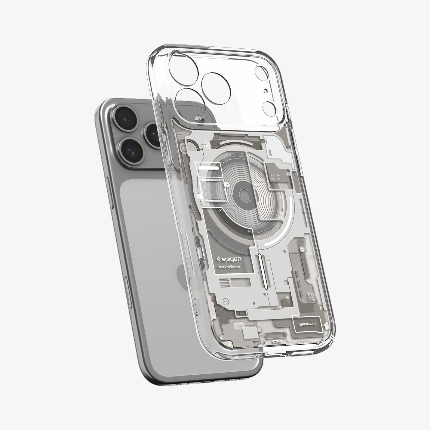 ACS10072 - iPhone 17 Pro Case Ultra Hybrid Zero One (MagFit) in Zero One Natural Titanium showing the back, hovering in front of the device