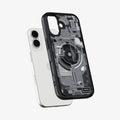 ACS10089 - iPhone 17 Ultra Hybrid Zero One (MagFit) in Zero One Black showing the front of layer hovering above the magfit magnet plate and the case