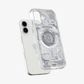 ACS10087 - iPhone 17 Ultra Hybrid Zero One (MagFit) in Zero One White showing the front of layer hovering above the magfit magnet plate and the case