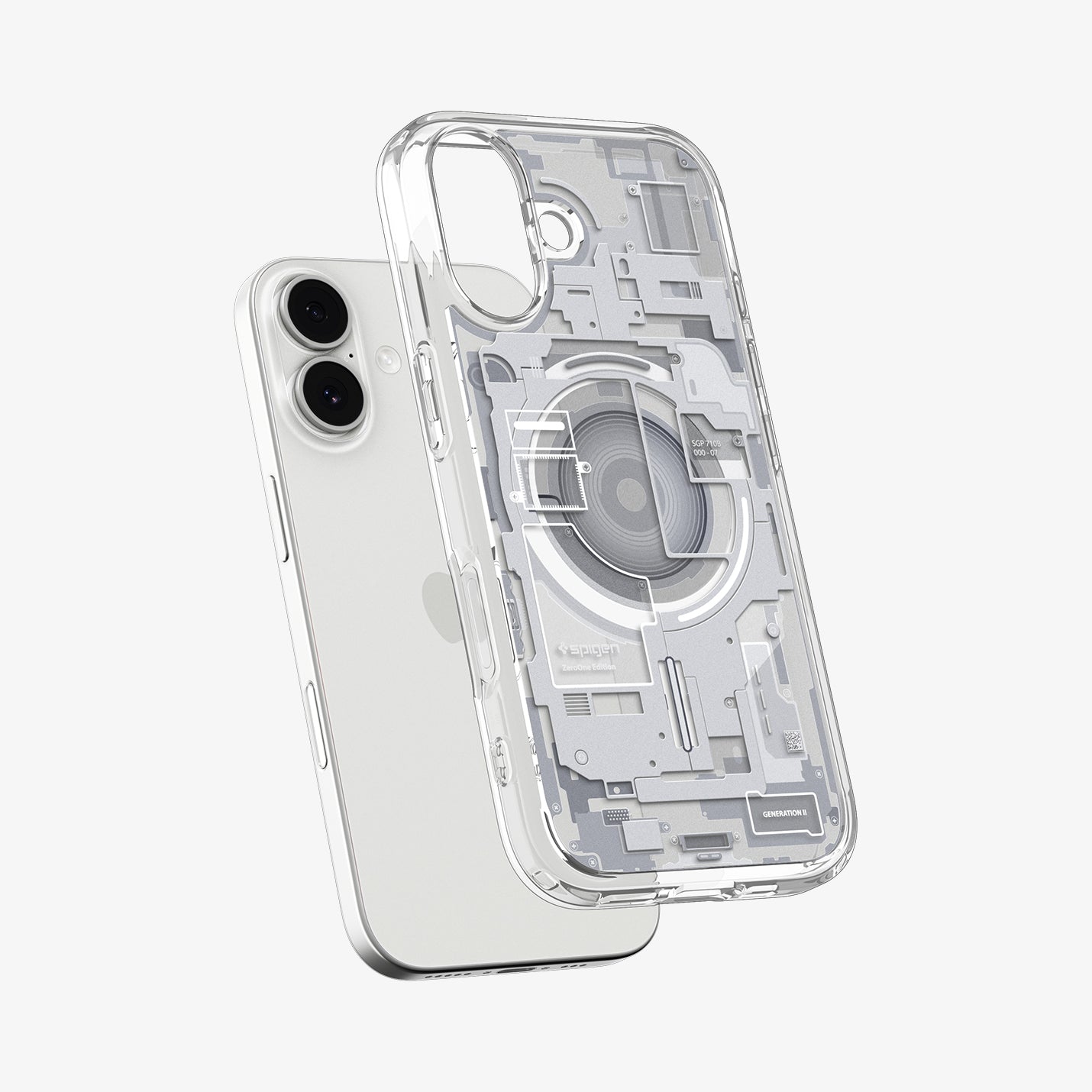 ACS10087 - iPhone 17 Ultra Hybrid Zero One (MagFit) in Zero One White showing the front of layer hovering above the magfit magnet plate and the case