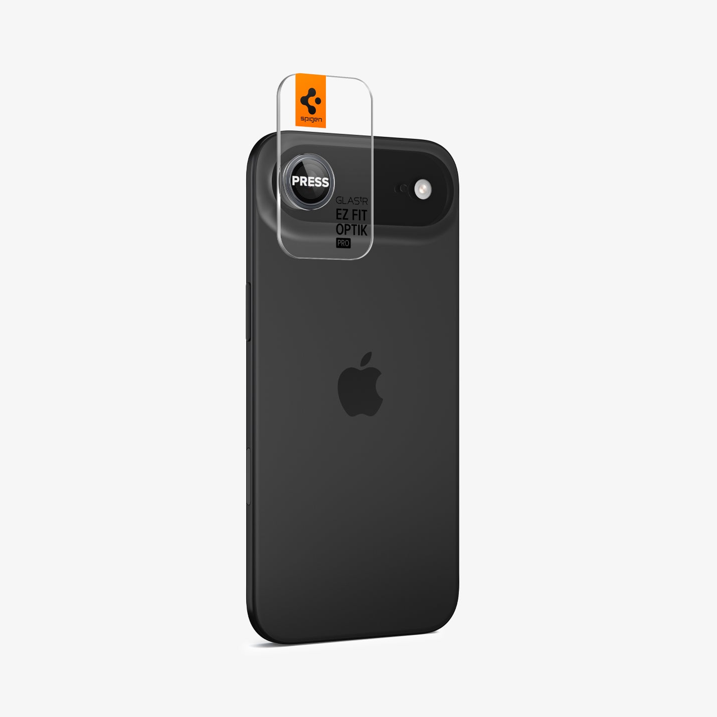 AGL10130 - iPhone 17 Air Optik Pro EZ Fit Lens Protector in gray showing the back and side with ez fit tray installed on the device