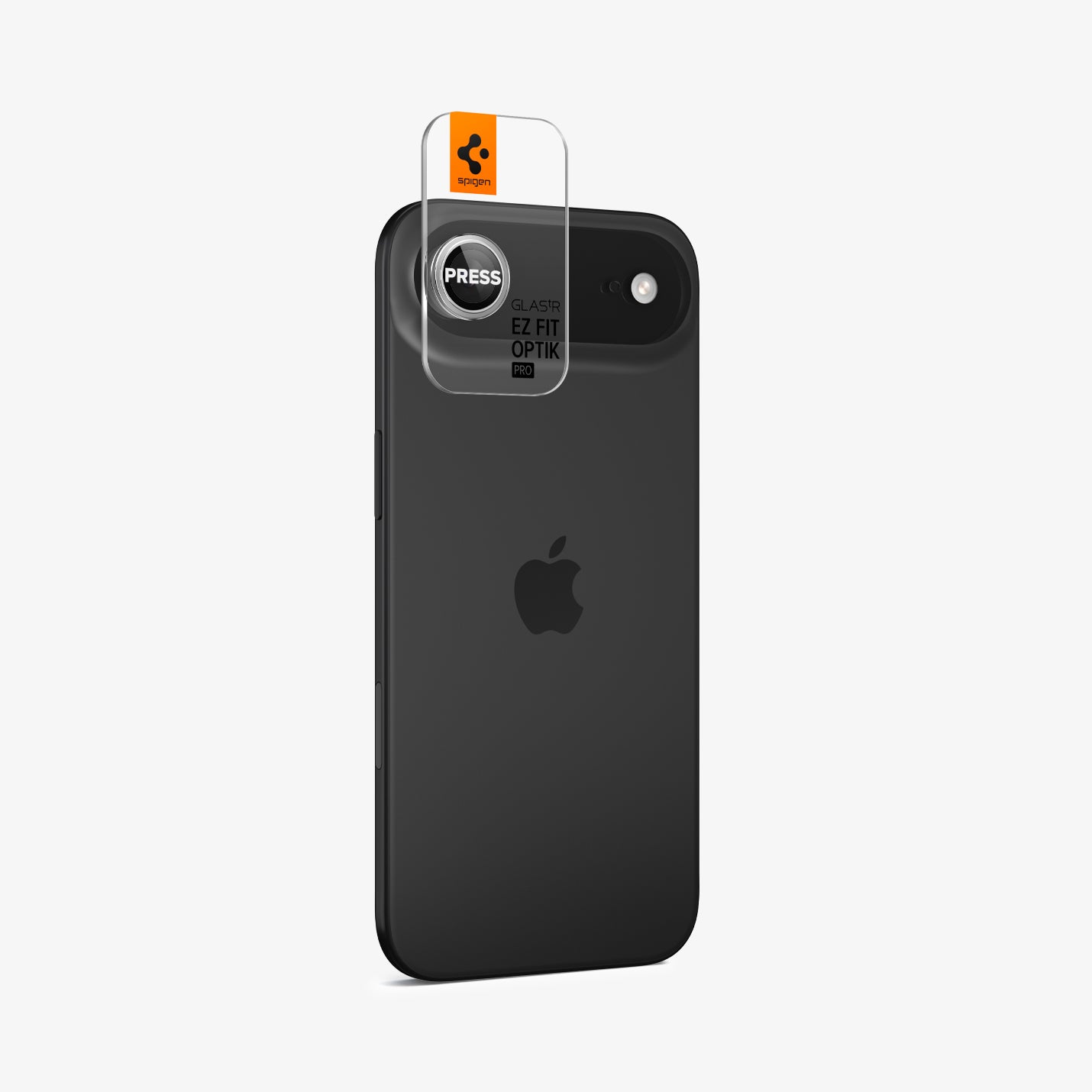 AGL10132 - iPhone 17 Air Optik Pro EZ Fit Lens Protector in silver showing the back and side with ez fit tray installed onto device
