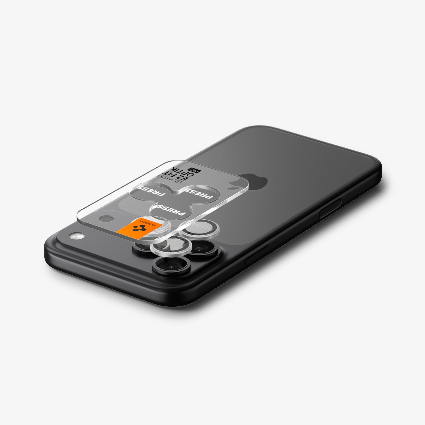 AGL10124 - iPhone 17 Pro Max Optik Pro EZ Fit Lens Protector in silver showing the ez fit tray hovering above the camera lens