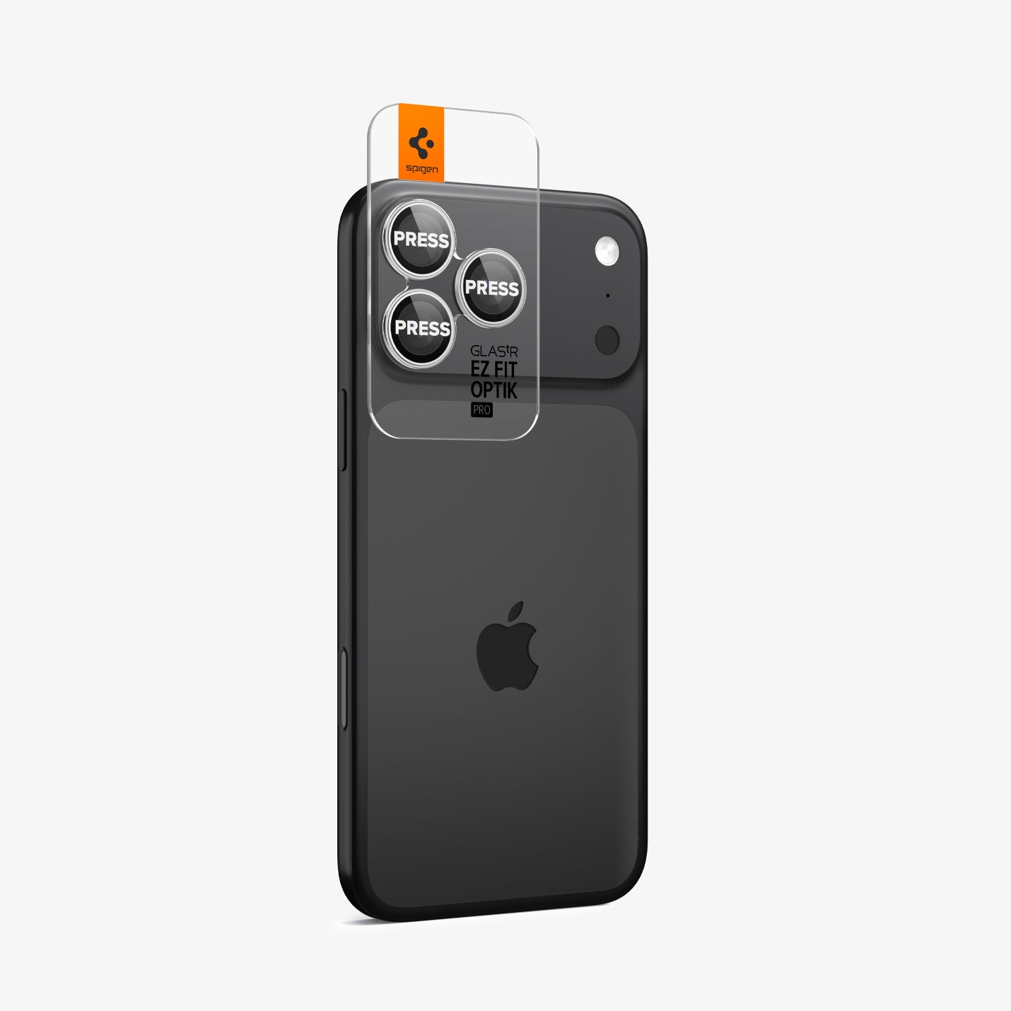 AGL10124 - iPhone 17 Pro Max Optik Pro EZ Fit Lens Protector in silver showing the back and partial side with ez fit tray installed on device