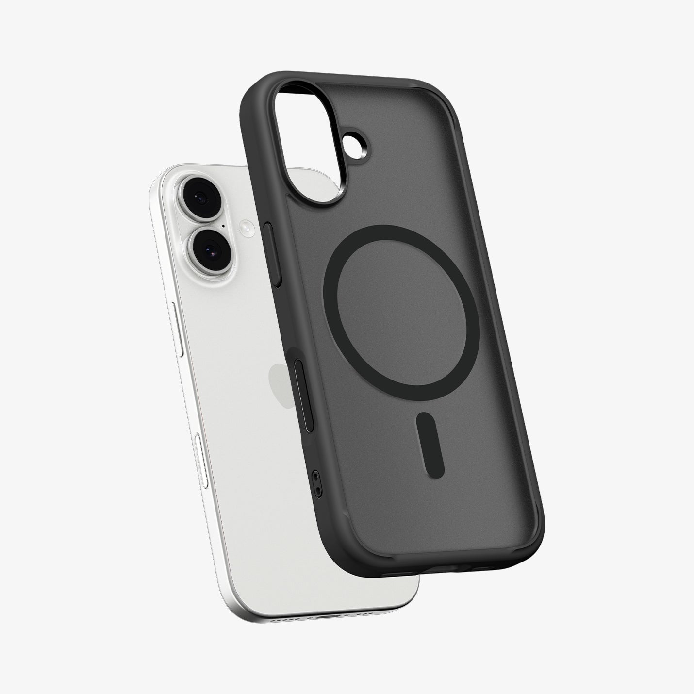 ACS10085 - iPhone 17 Ultra Hybrid (MagFit) in Frost Black showing the front of layer hovering above the magfit magnet plate and the case
