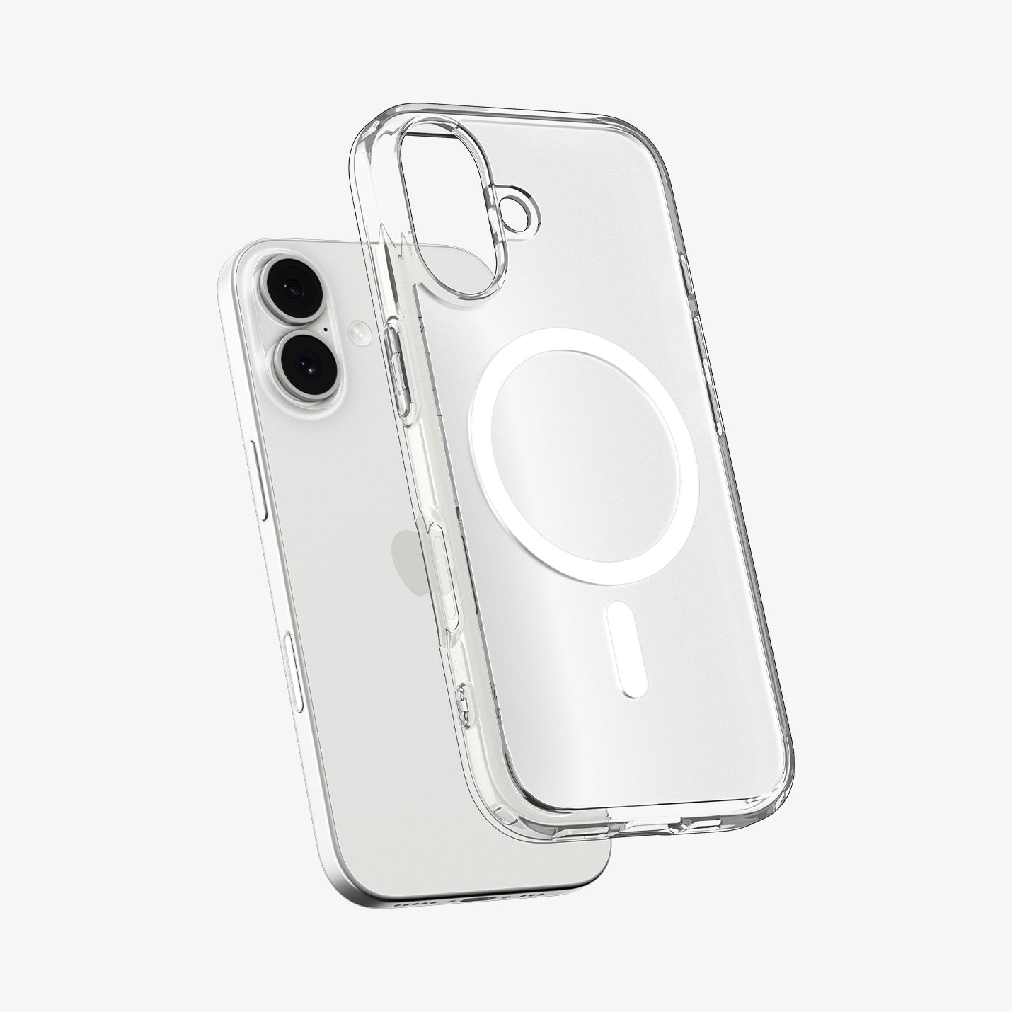 ACS10086 - iPhone 17 Ultra Hybrid (MagFit) in Frost White showing the front of layer hovering above the magfit magnet plate and the case