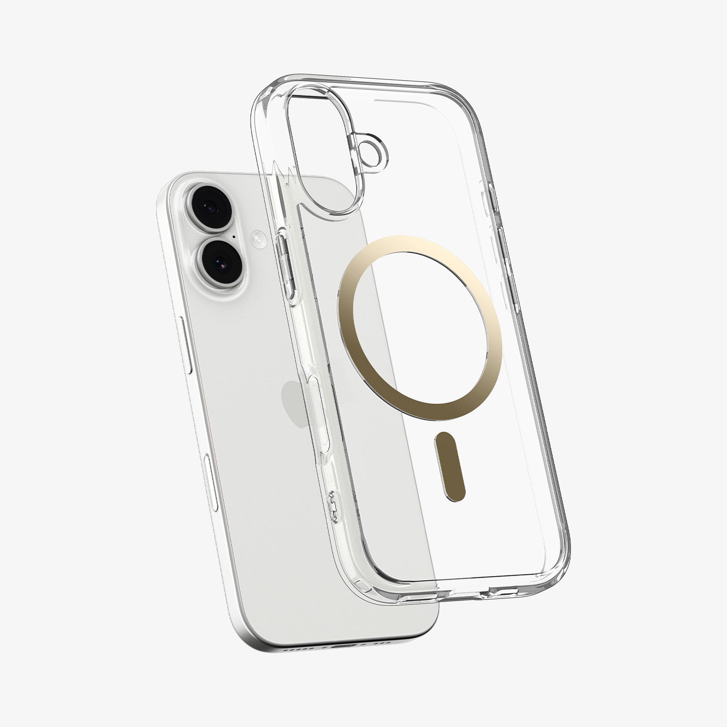 ACS10084 - iPhone 17 Ultra Hybrid (MagFit) in Clear Gold showing the front of layer hovering above the magfit magnet plate and the case