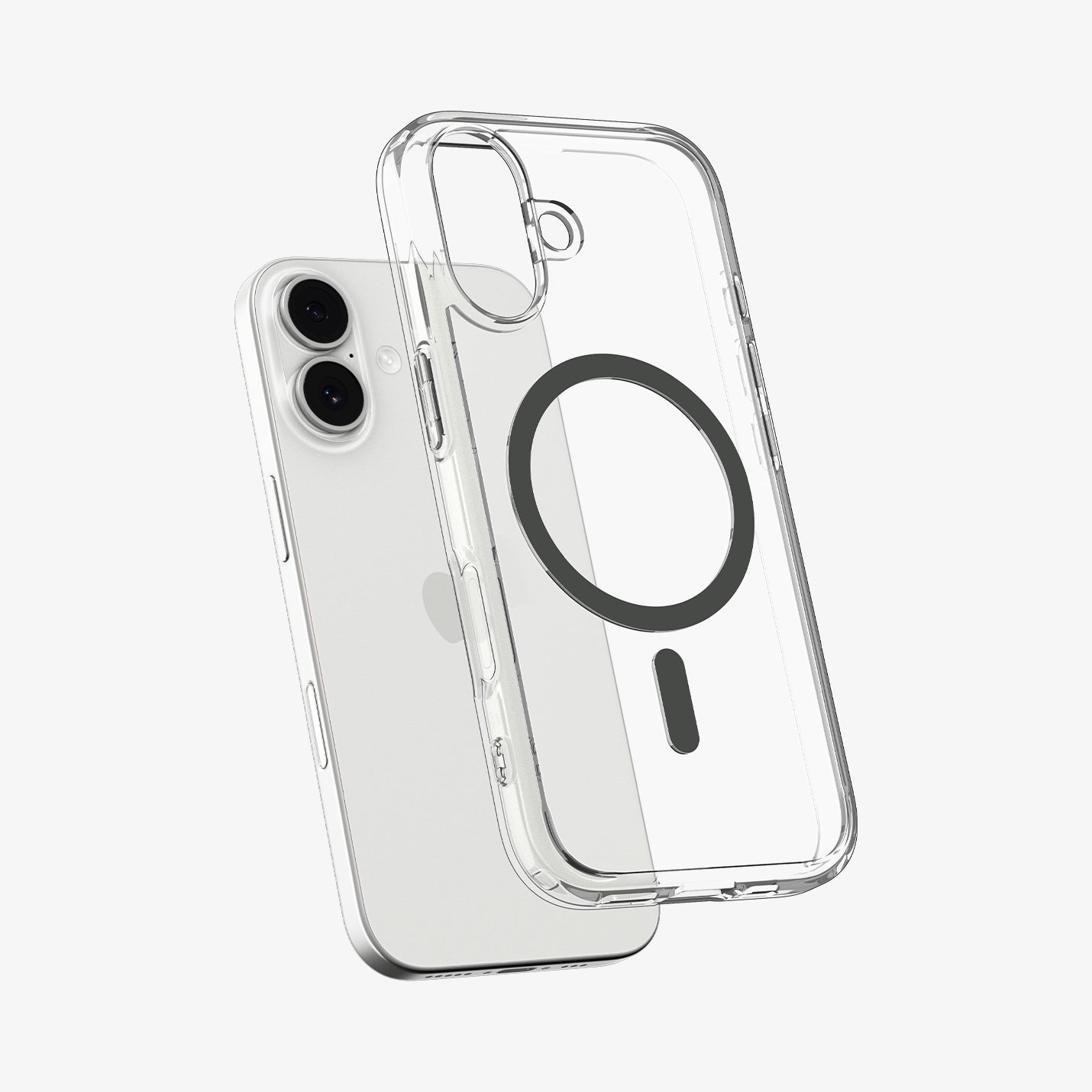ACS10083 - iPhone 17 Ultra Hybrid (MagFit) in Clear Graphite showing the front of layer hovering above the magfit magnet plate and the case
