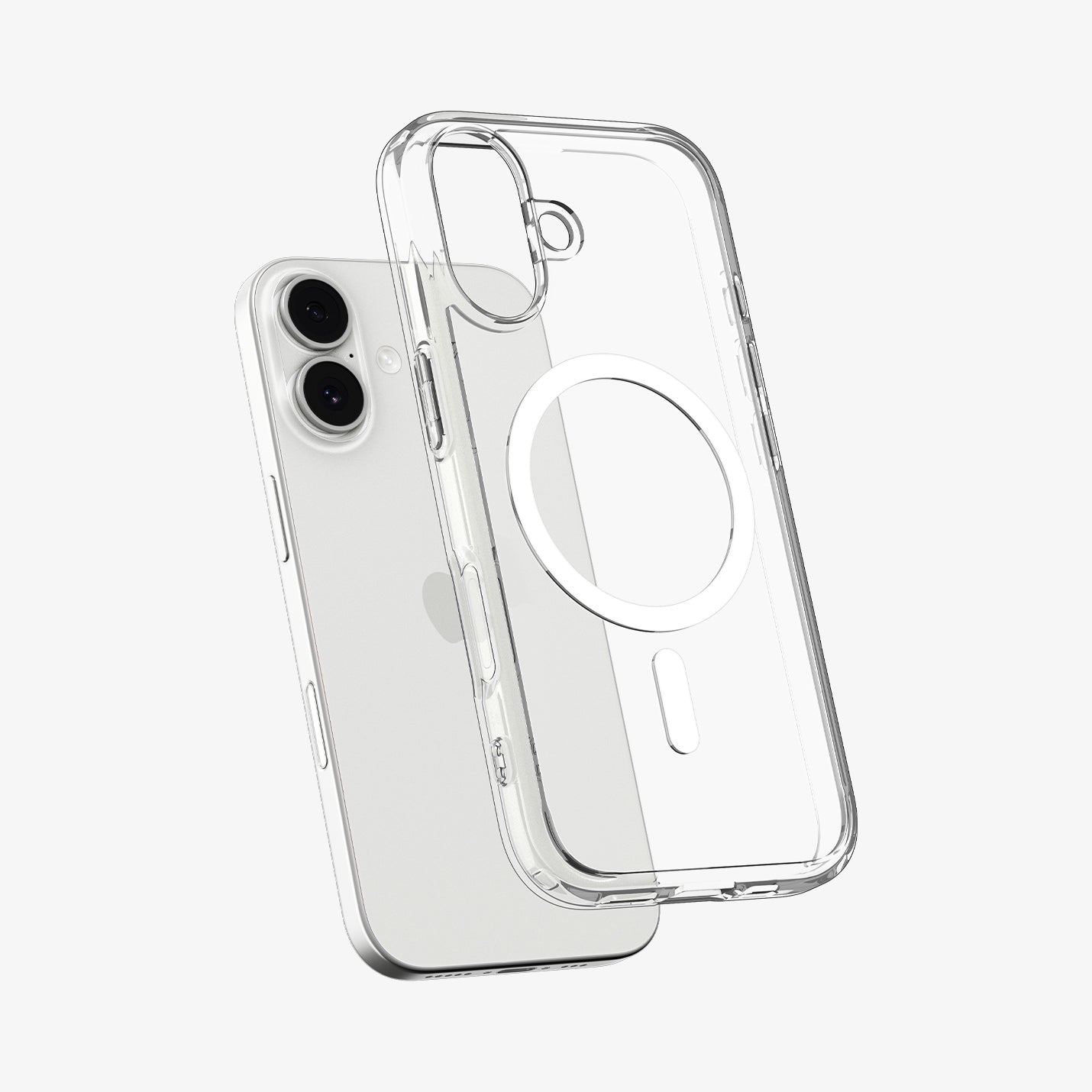 ACS10082 - iPhone 17 Ultra Hybrid (MagFit) in Clear White showing the front of layer hovering above the magfit magnet plate and the case