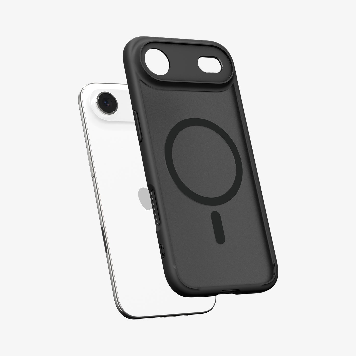 ACS10054 - iPhone 17 Air Ultra Hybrid (MagFit) in Frost Black showing the front of layer hovering above the magfit magnet plate and the case