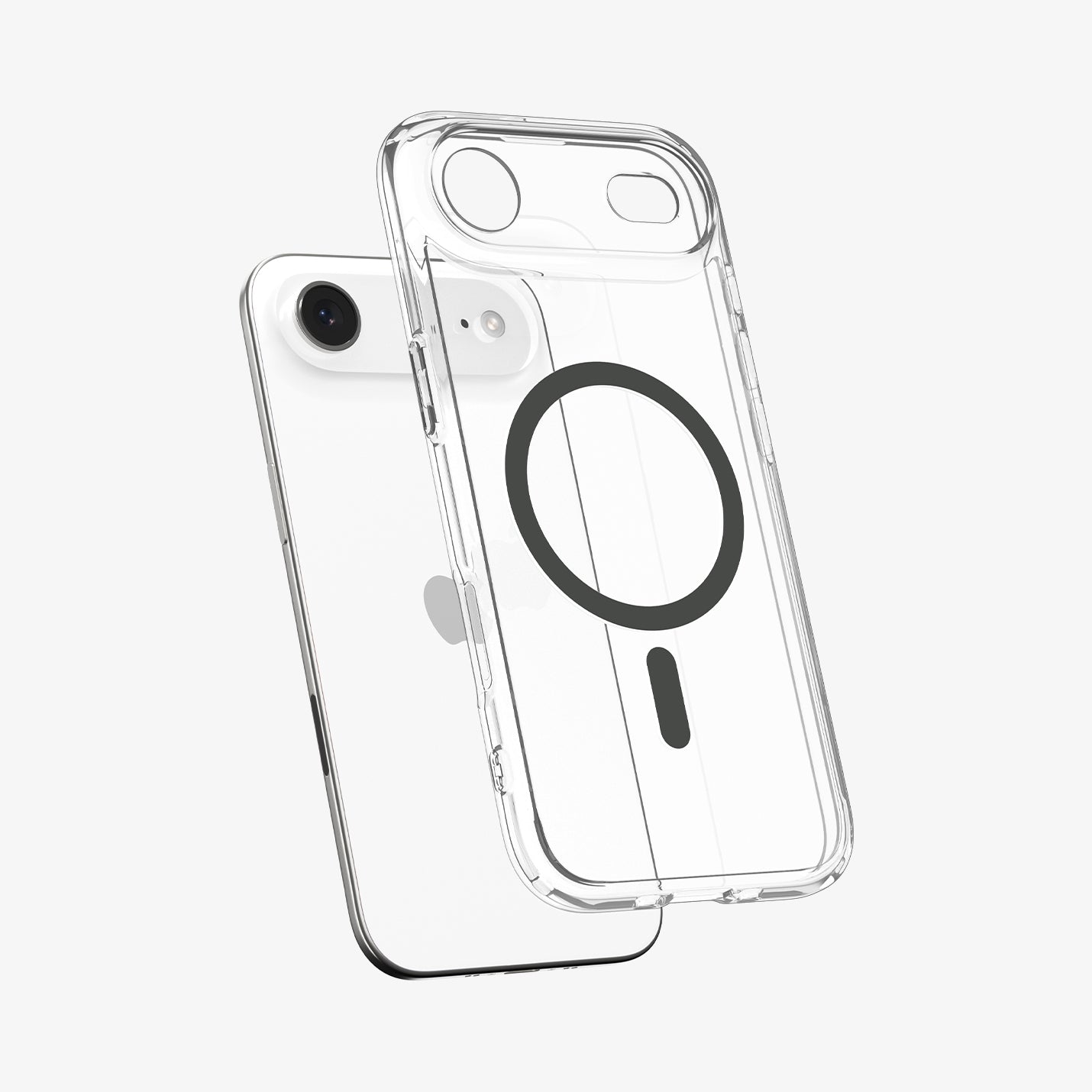 ACS10052 - iPhone 17 Air Ultra Hybrid (MagFit) in Clear Graphite showing the front of layer hovering above the magfit magnet plate and the case