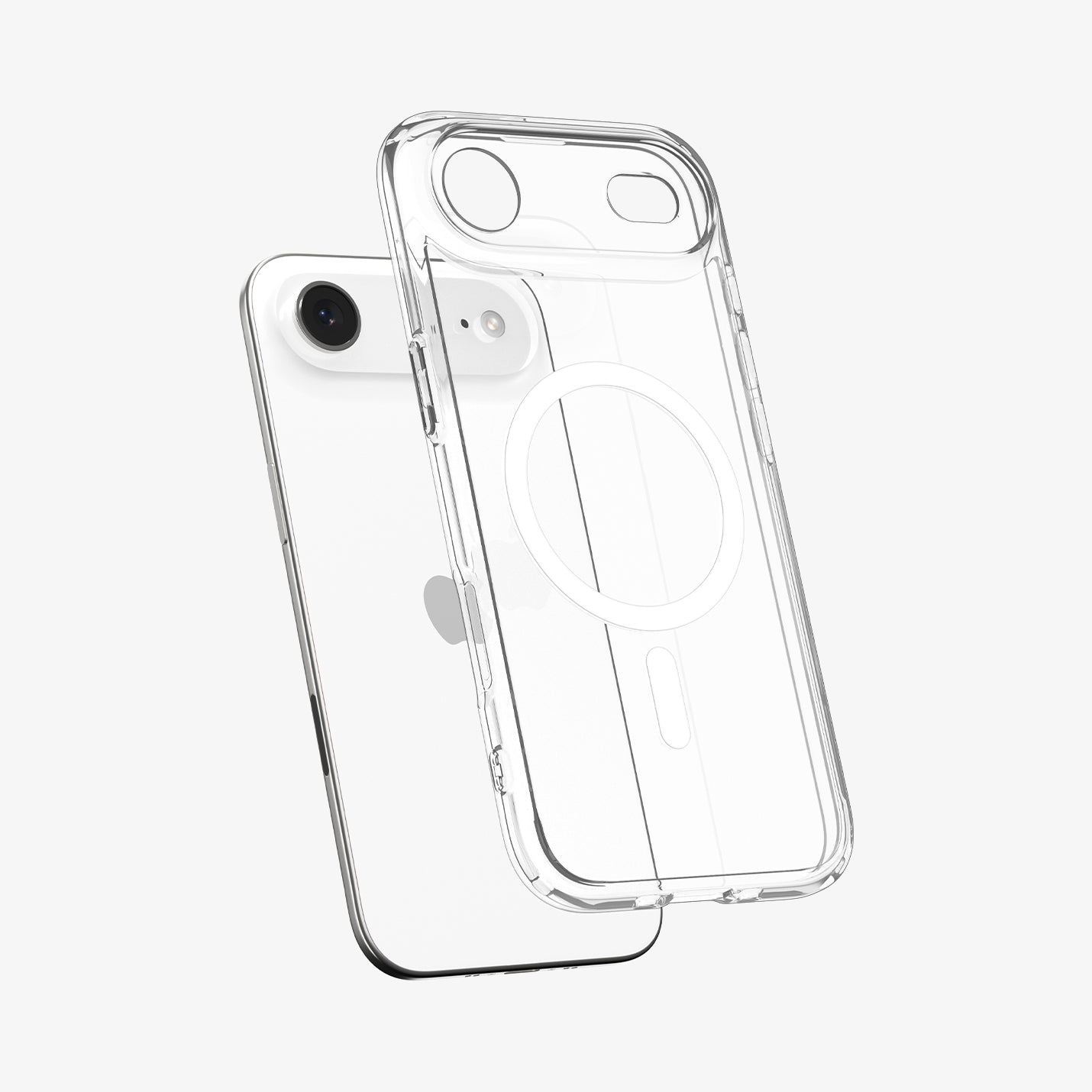 ACS10051 - iPhone 17 Air Ultra Hybrid (MagFit) in Clear White showing the front of layer hovering above the magfit magnet plate and the case