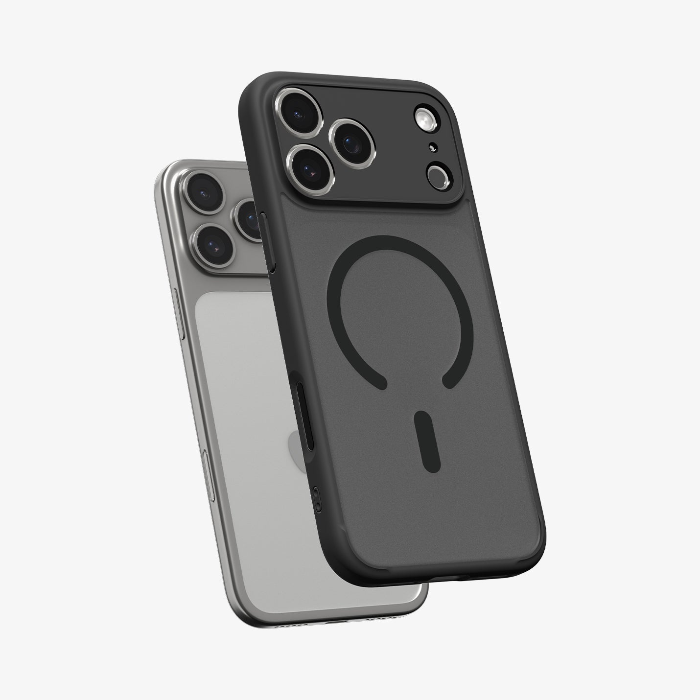 ACS10069 - iPhone 17 Pro Ultra Hybrid (MagFit) in Frost Black showing the front of layer hovering above the magfit magnet plate and the case
