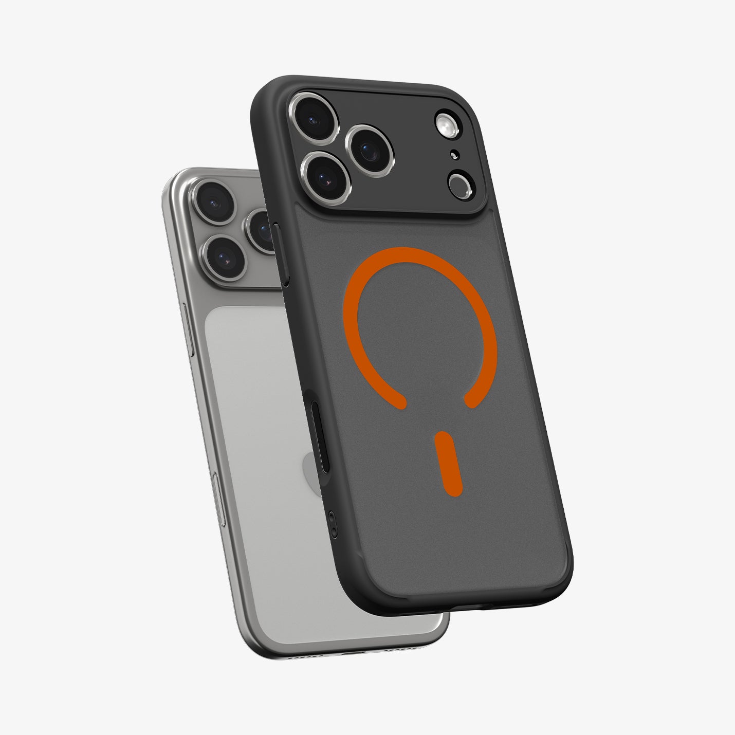 ACS10481 - iPhone 17 Pro Ultra Hybrid (MagFit) in Frost Black Orange showing the front of layer hovering above the magfit magnet plate and the case