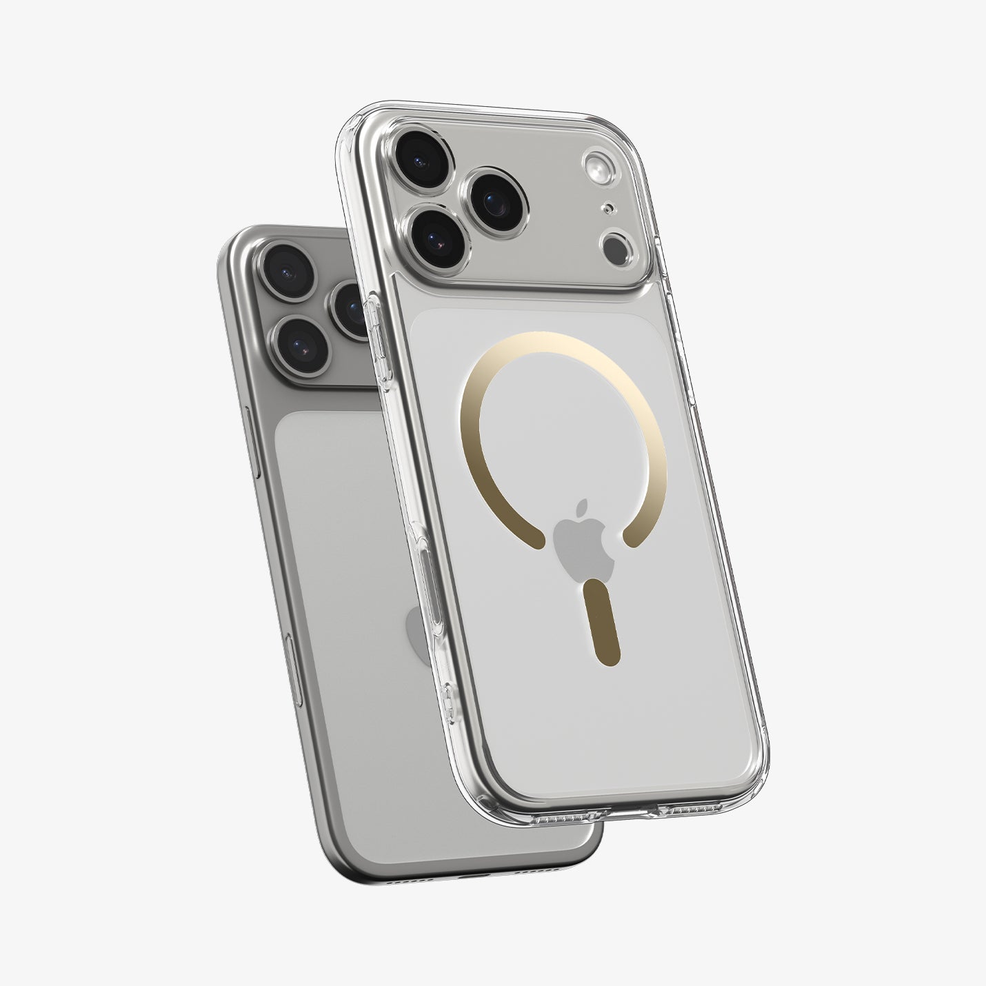 ACS10068 - iPhone 17 Pro Ultra Hybrid (MagFit) in Clear Gold showing the front of layer hovering above the magfit magnet plate and the case